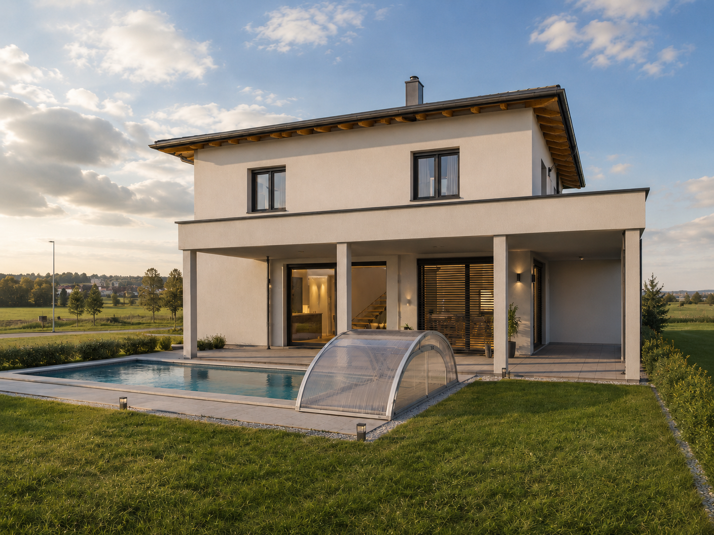 Fotorealistische Visualisierung eines Einfamilienhauses mit Pool im Abendlicht