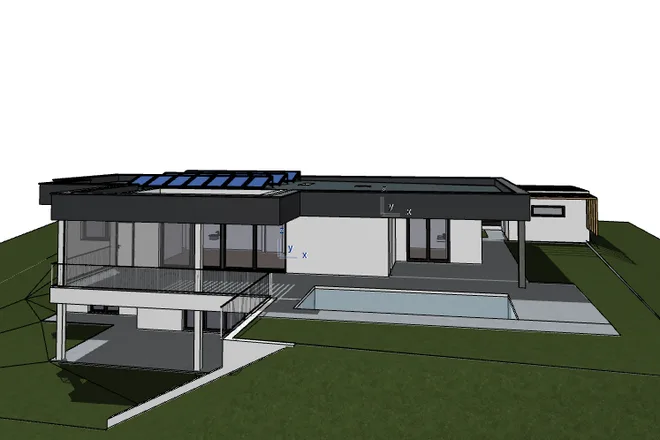 SketchUp-Screenshot eines Wohnhauses in perspektivischer Außenansicht, mit sichtbarem CAD-Achsenkreuz