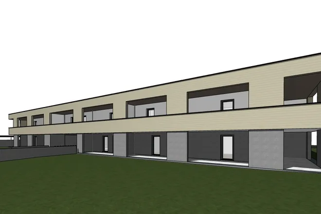 3D-Modell eines länglichen Wohnbaus in flachen Farbflächen, ohne Rendering und ohne Texturen