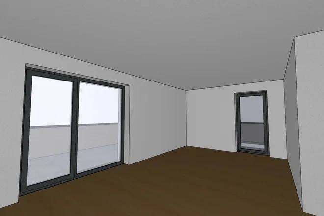 SketchUp-Screenshot eines leeren, unmöblierten Raums in perspektivischer Innenansicht, mit Fenster und Tür